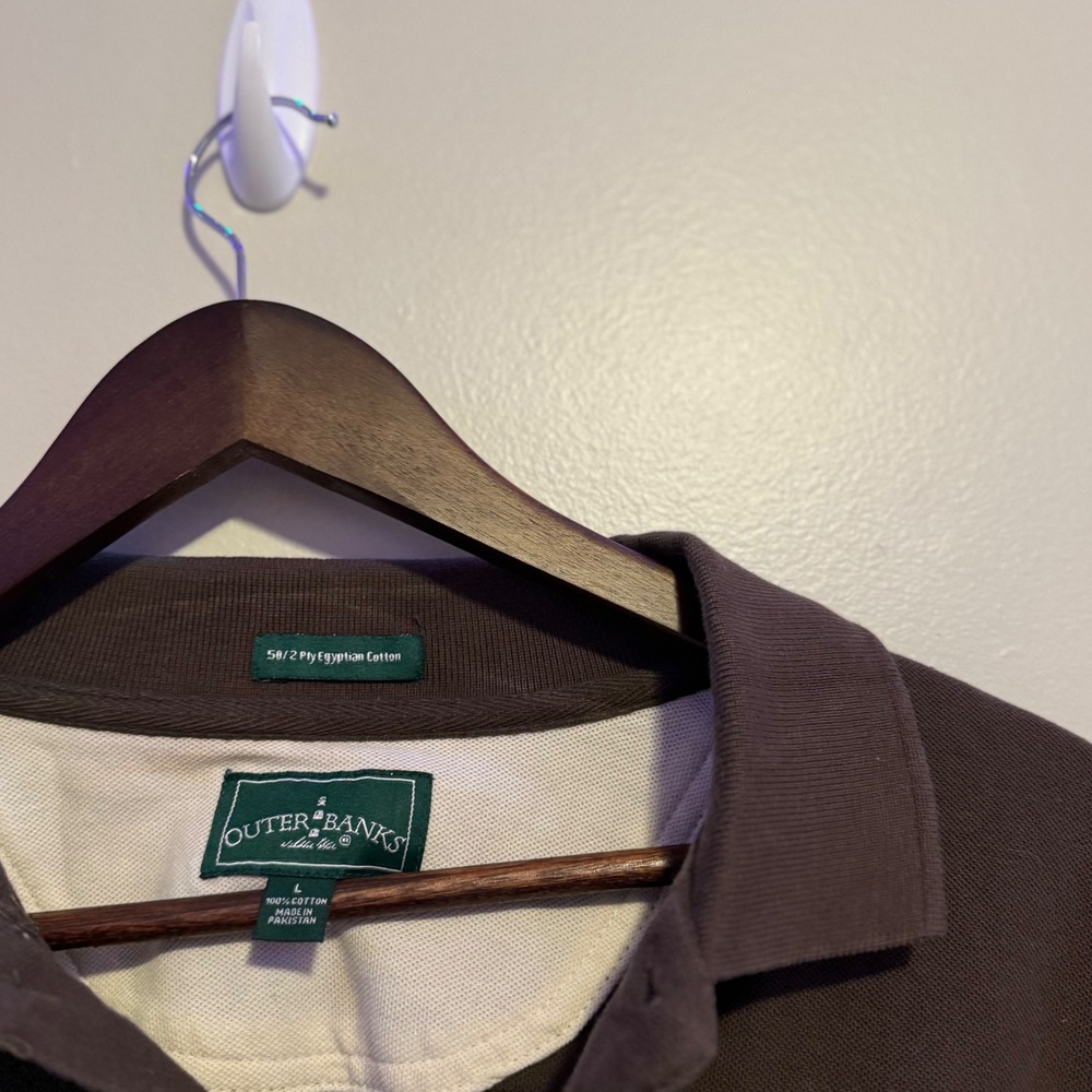 VTG Outer Banks Mens Short Sleeve Polo Shirt L Brown Egyptian Cotton Casual Golf